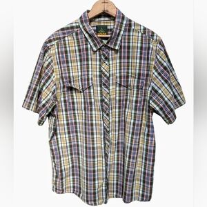 Prana Organic Cotton Short Sleeve Plaid Button Down Snap Shirt Men's Size LARGE